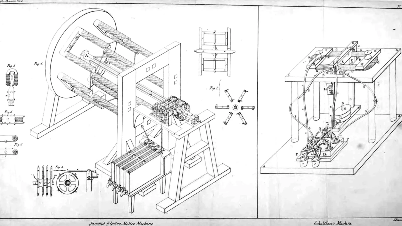 1837 plate of Jacobi's electro-motive machine beside Schulthess's electric motor