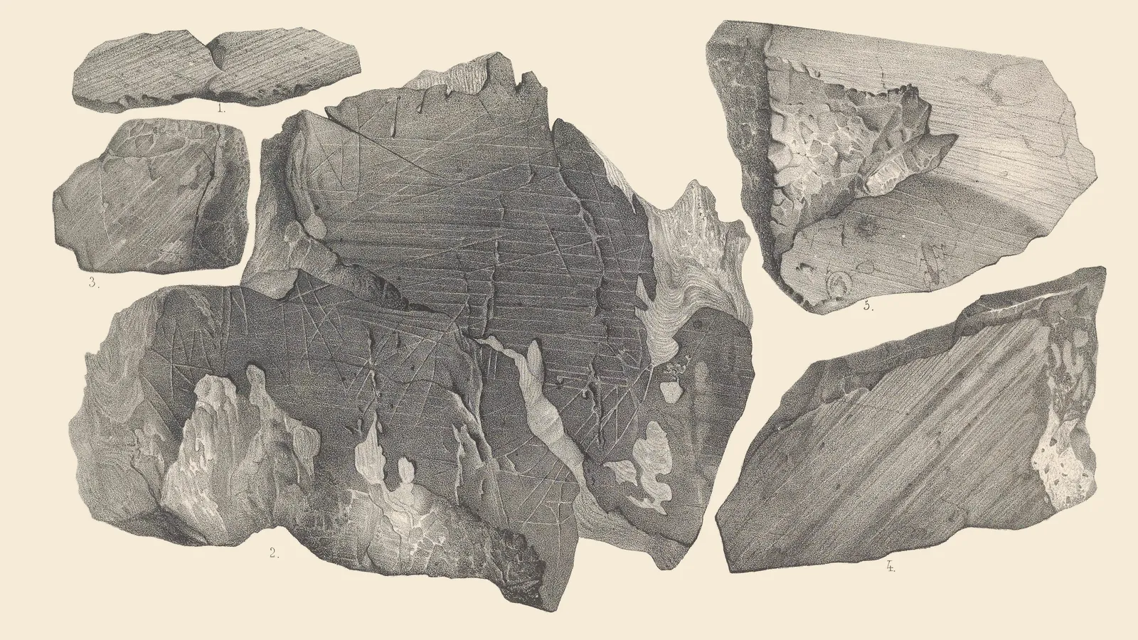 1840 lithograph of rock fragments polished and scratched by glaciers