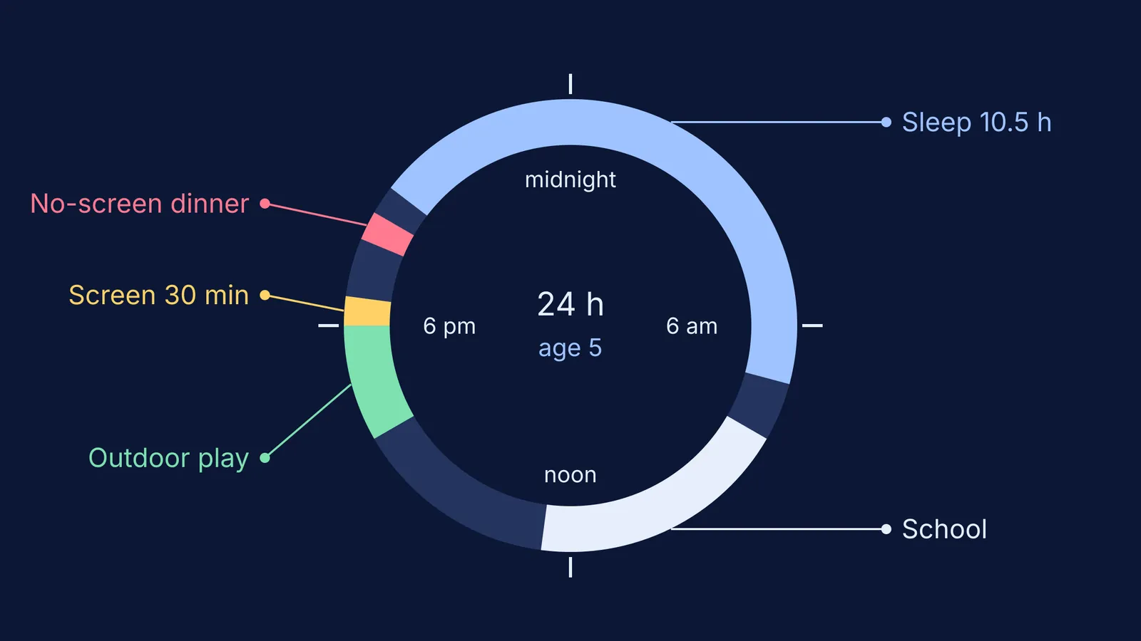 24-hour clock of a five-year-old's school day with sleep, play and screen time