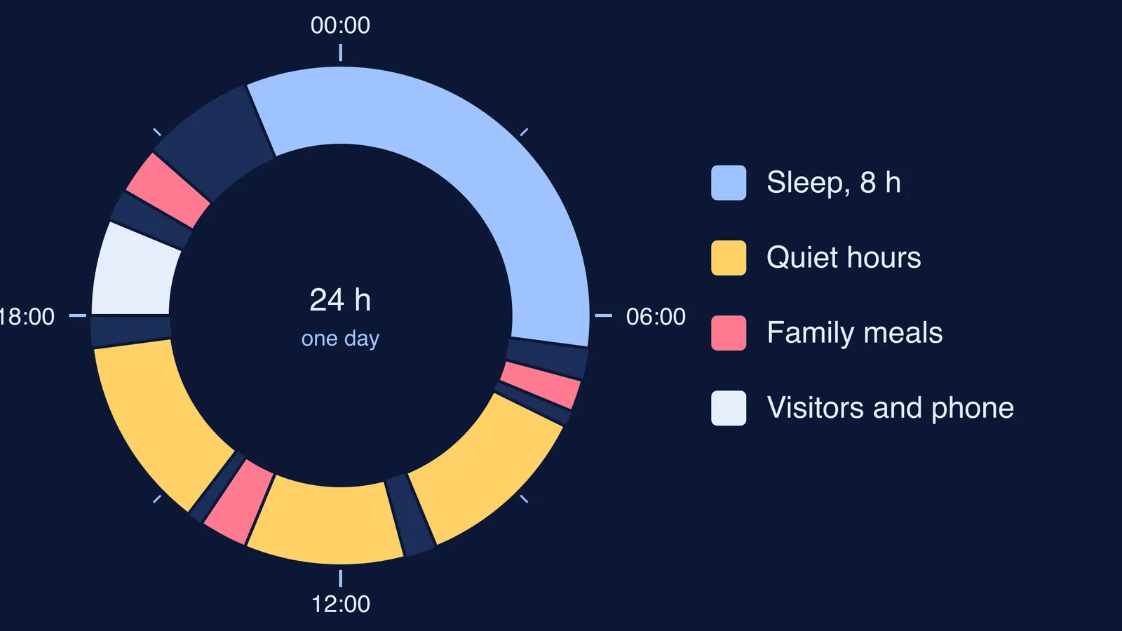 24-hour clock of a sample NEET-month day: sleep, quiet hours, meals, visitors