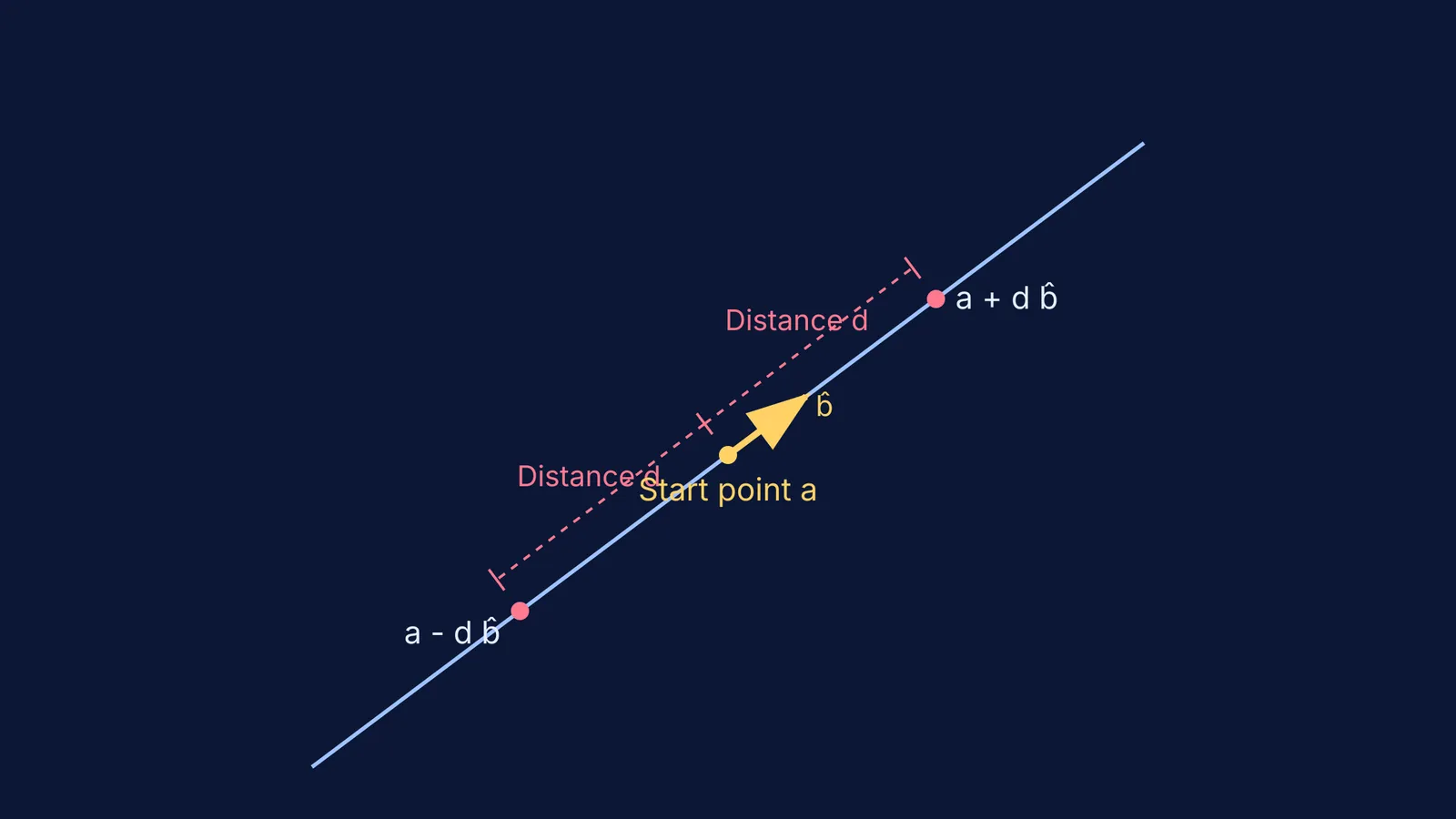 A 3D line showing a unit vector and points at a distance d