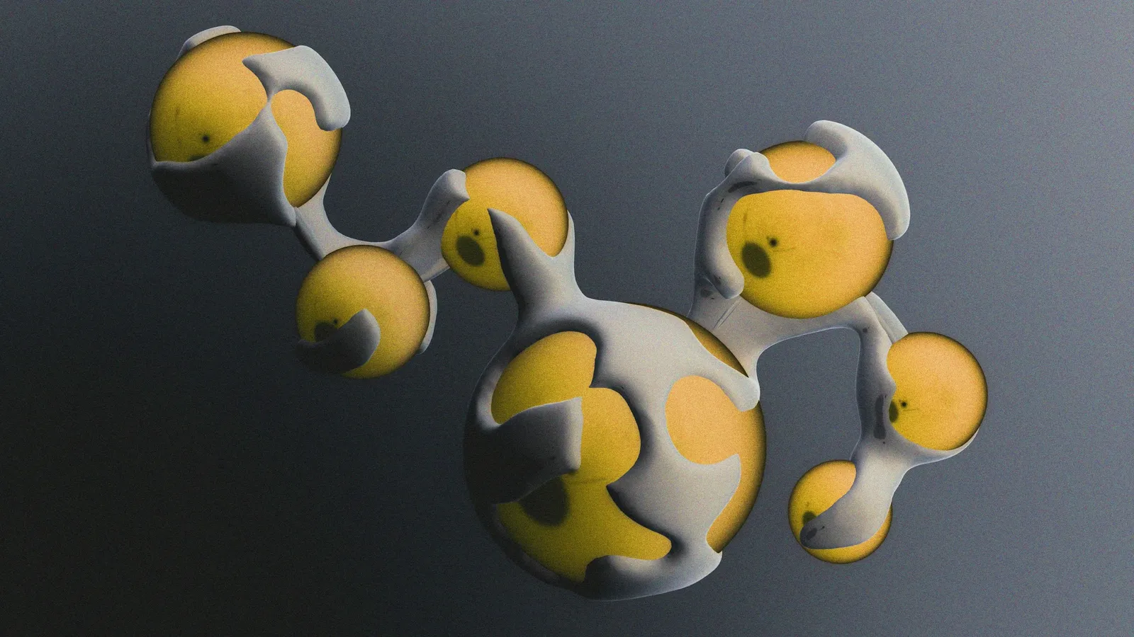 A 3D model of linked atoms in yellow and grey