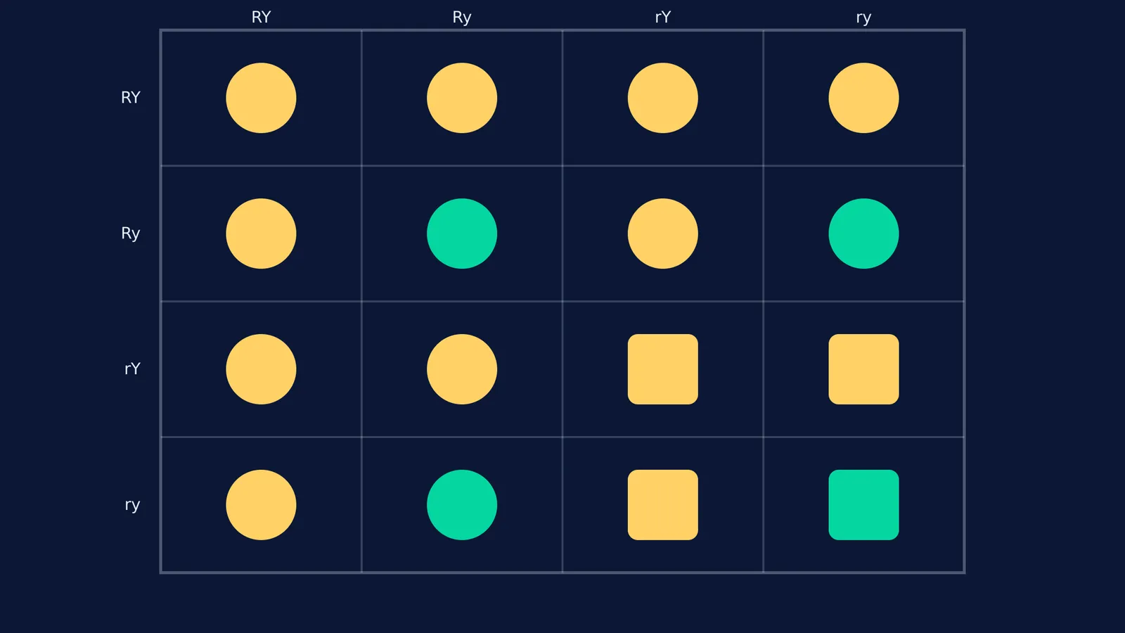 A 4x4 Punnett square showing a 9:3:3:1 ratio with yellow and green shapes.
