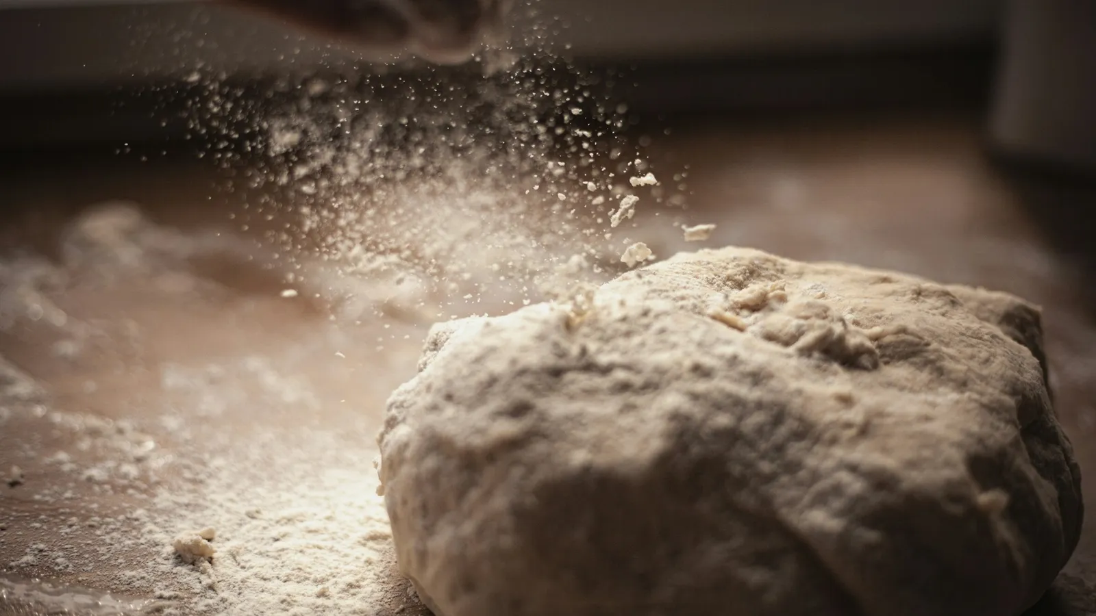 A ball of bread dough dusted with flour on a table
