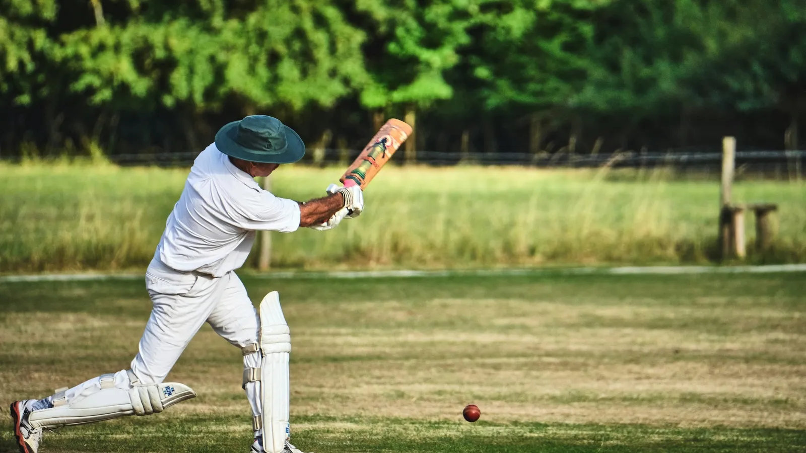 A batsman swinging at a cricket ball on a green field