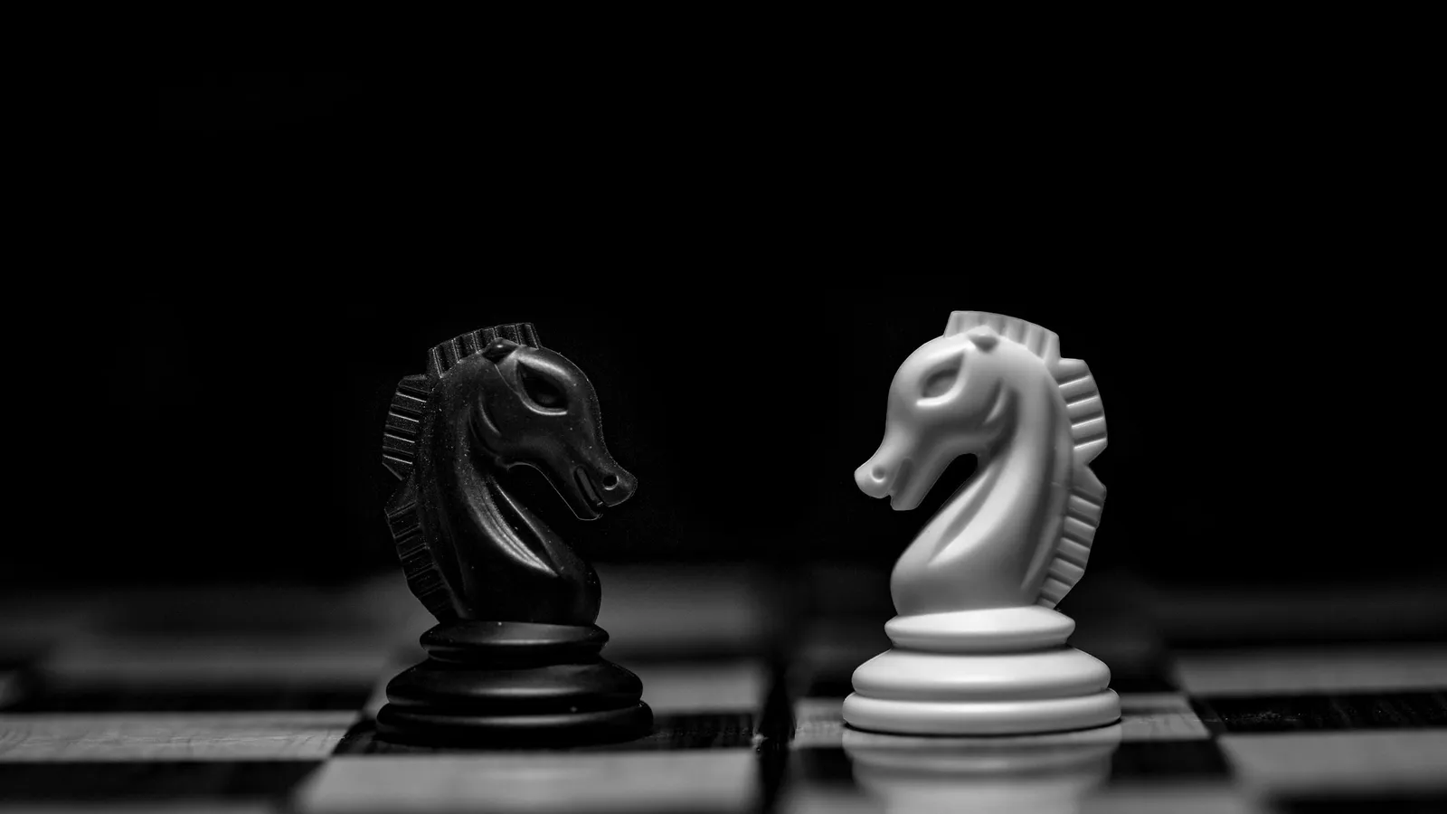 A black and a white chess knight facing each other