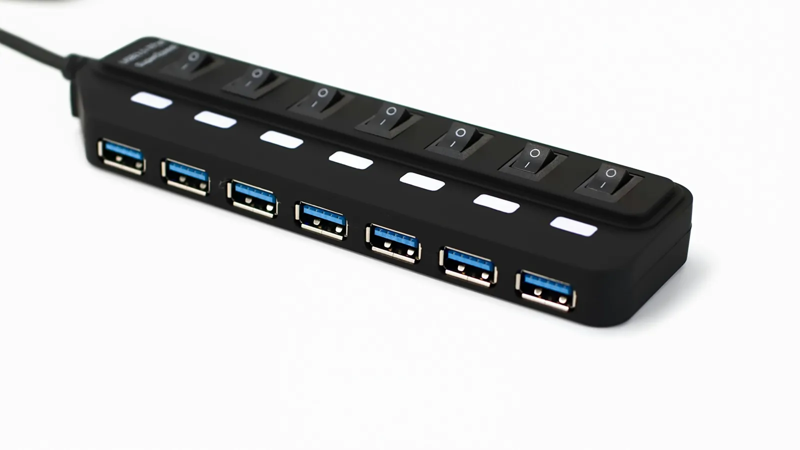 A black USB hub with several ports