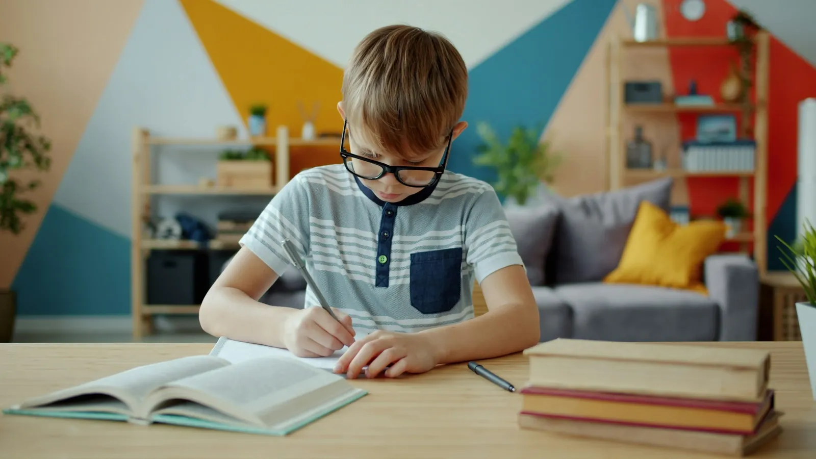 A boy with glasses writing in an exercise book at a table