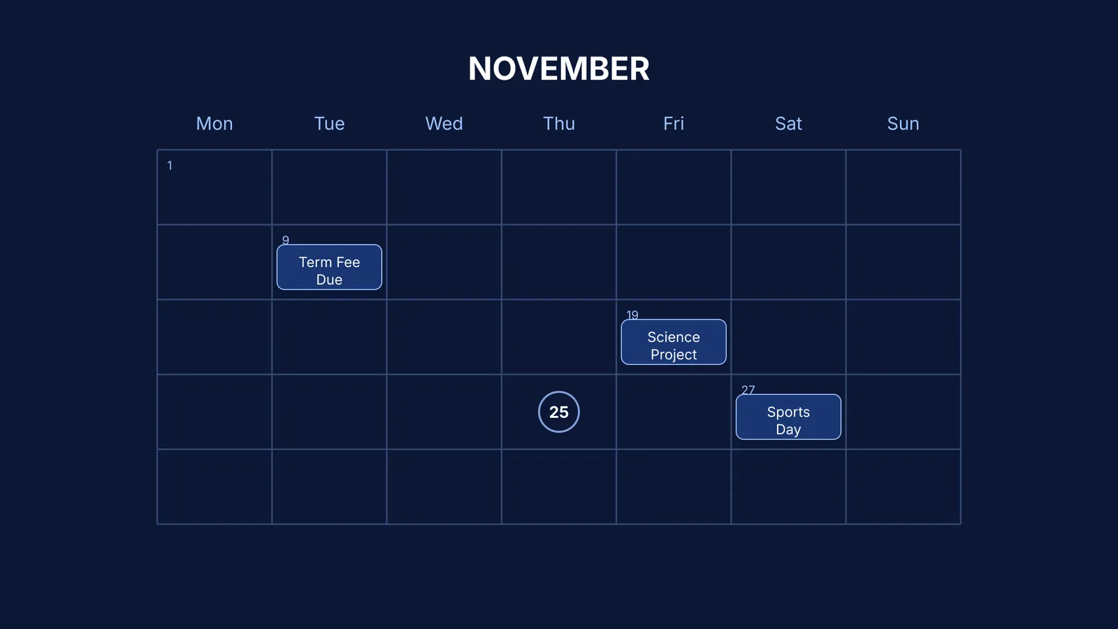 A calendar grid showing a term fee due, a project deadline and a sports day.