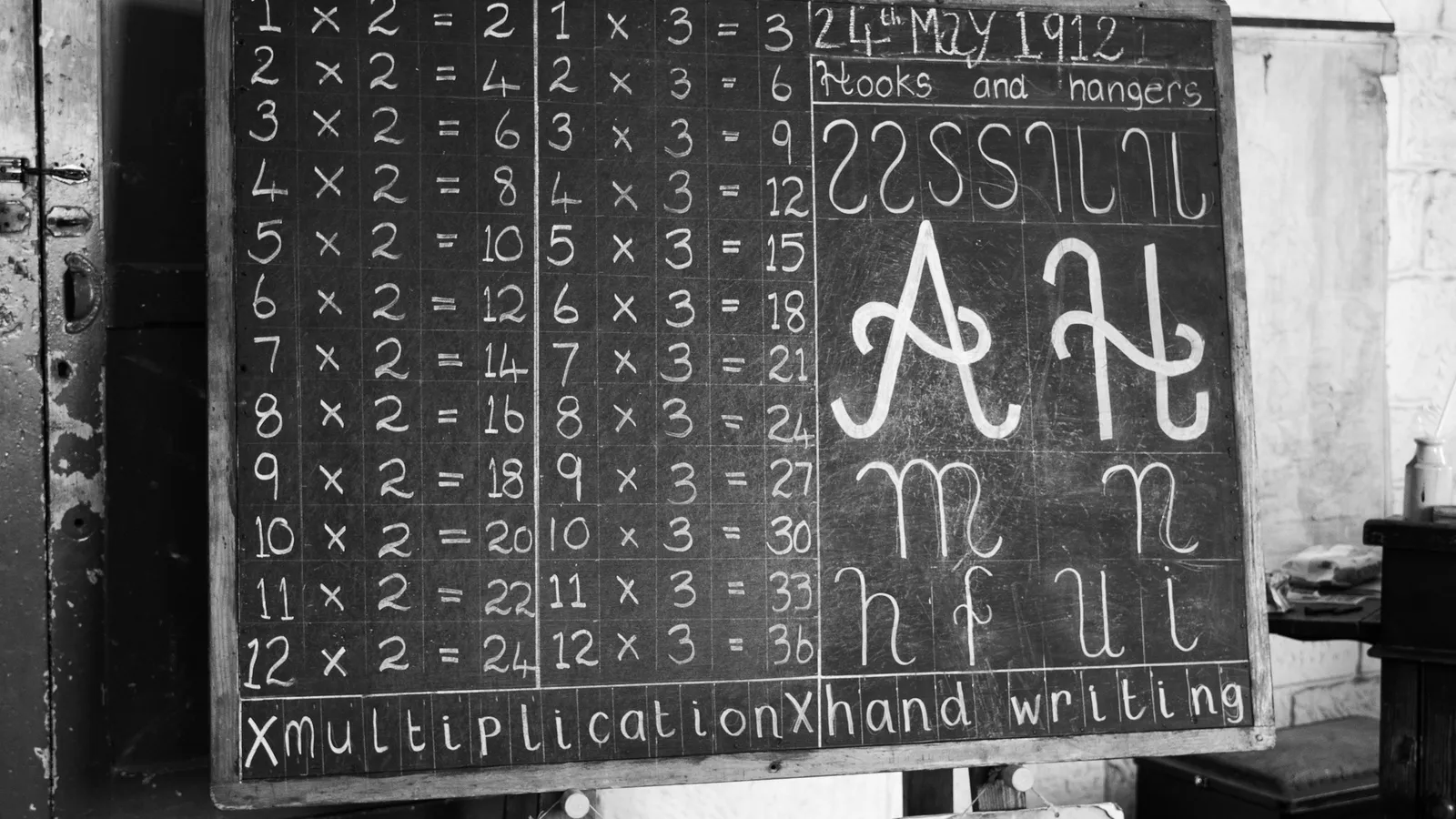 A chalkboard covered in handwritten maths