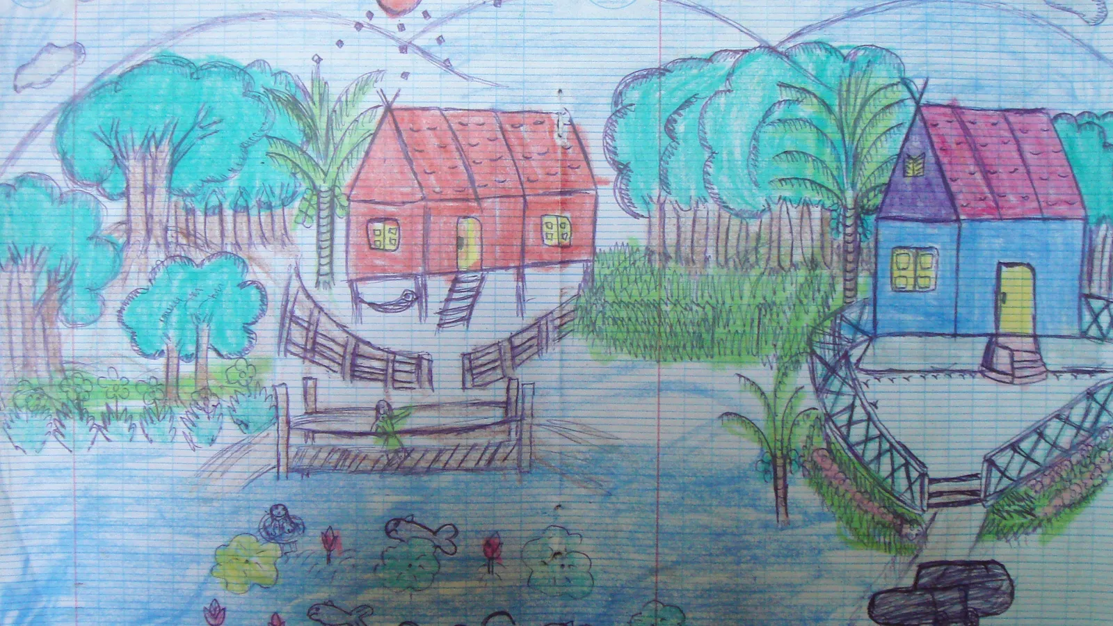A child's coloured-pencil drawing of a village by the water with stilt houses, trees and fish