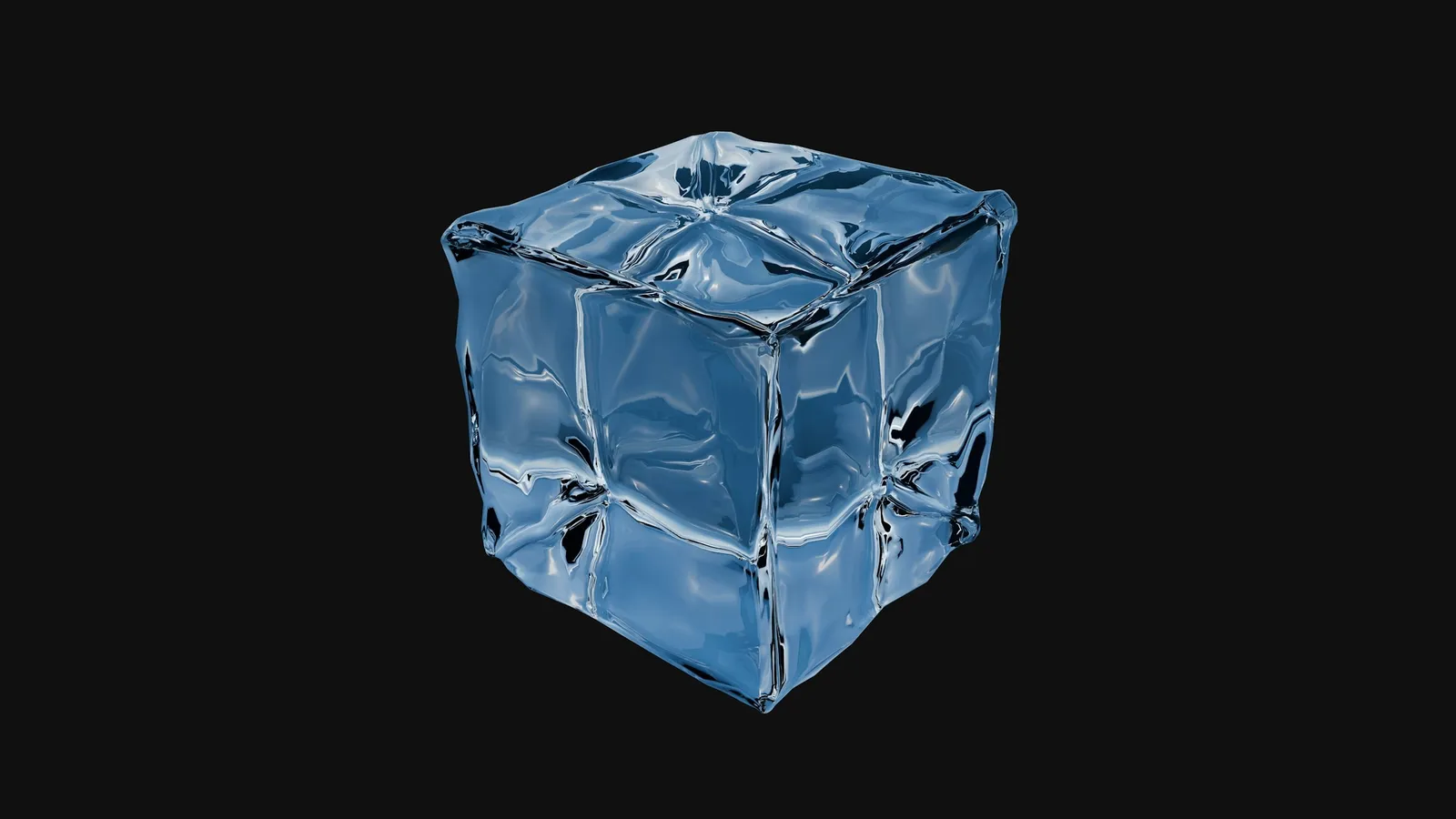 A clear ice cube on a black background