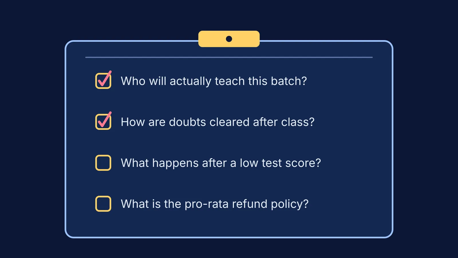 A clipboard showing a checklist of four key questions for a parent orientation
