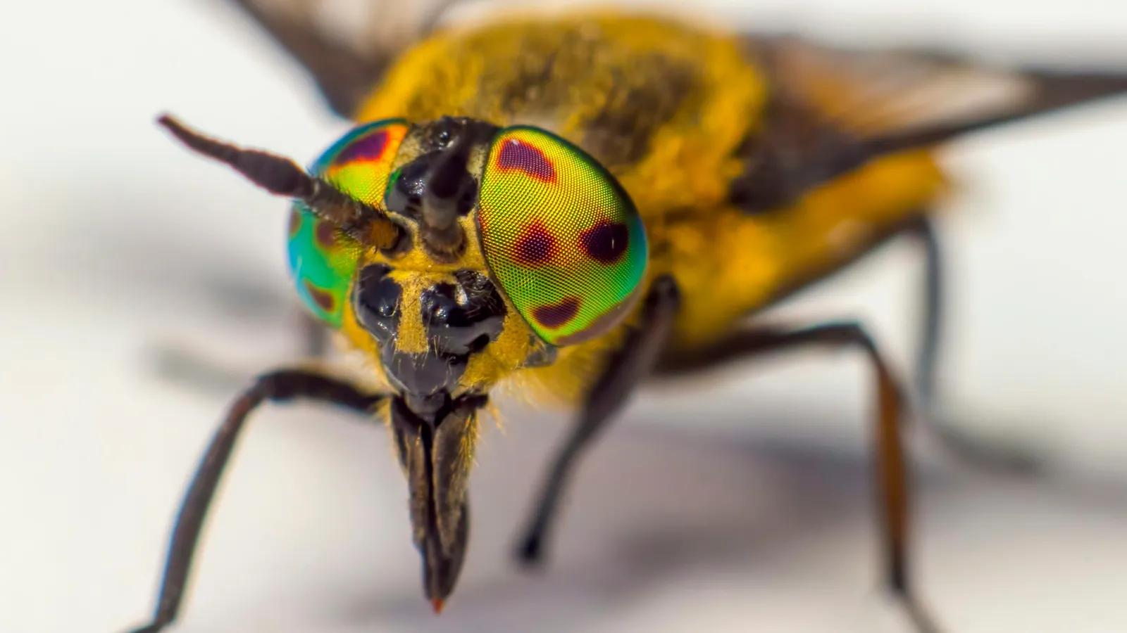 A close-up of a fly with large compound eyes