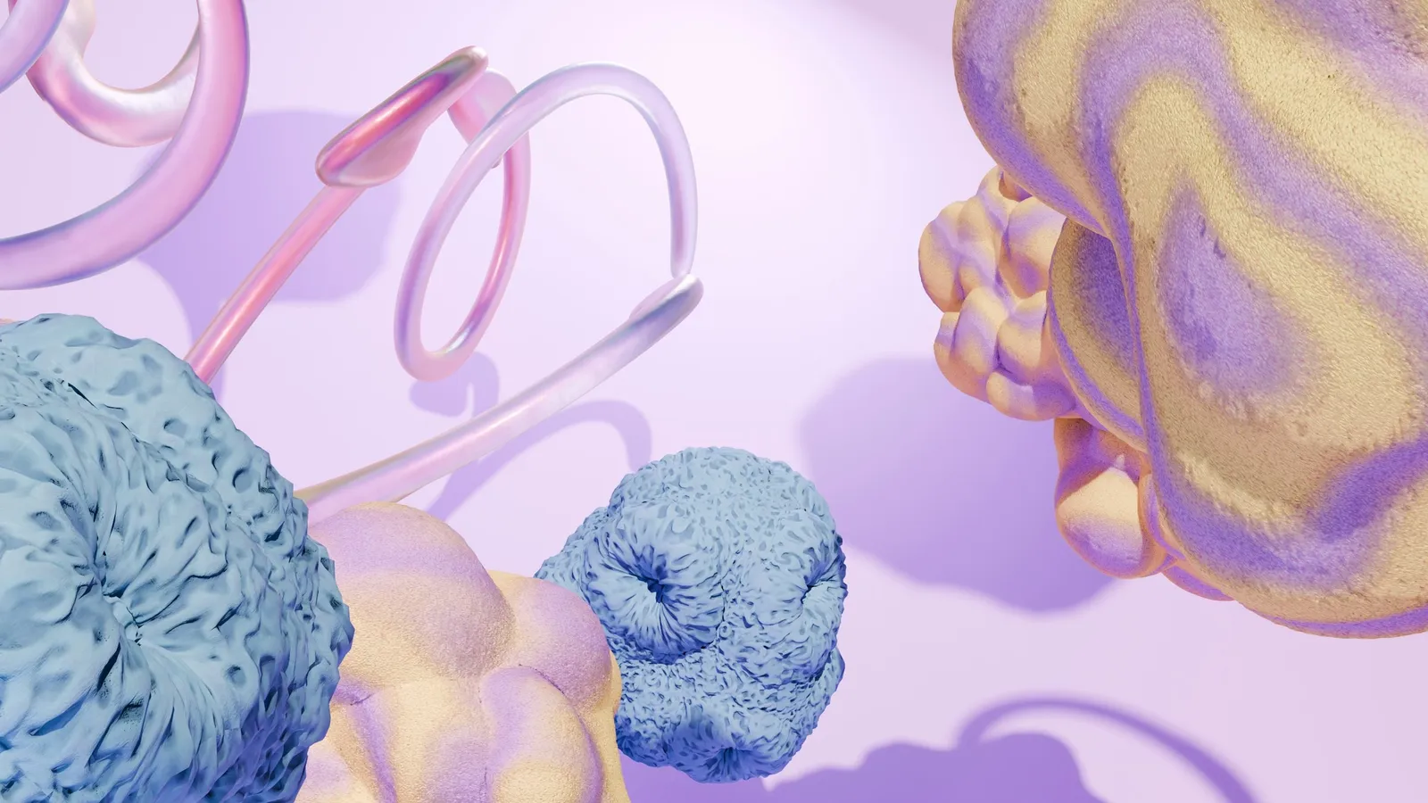 A colourful 3D illustration of shapes like the parts of a cell