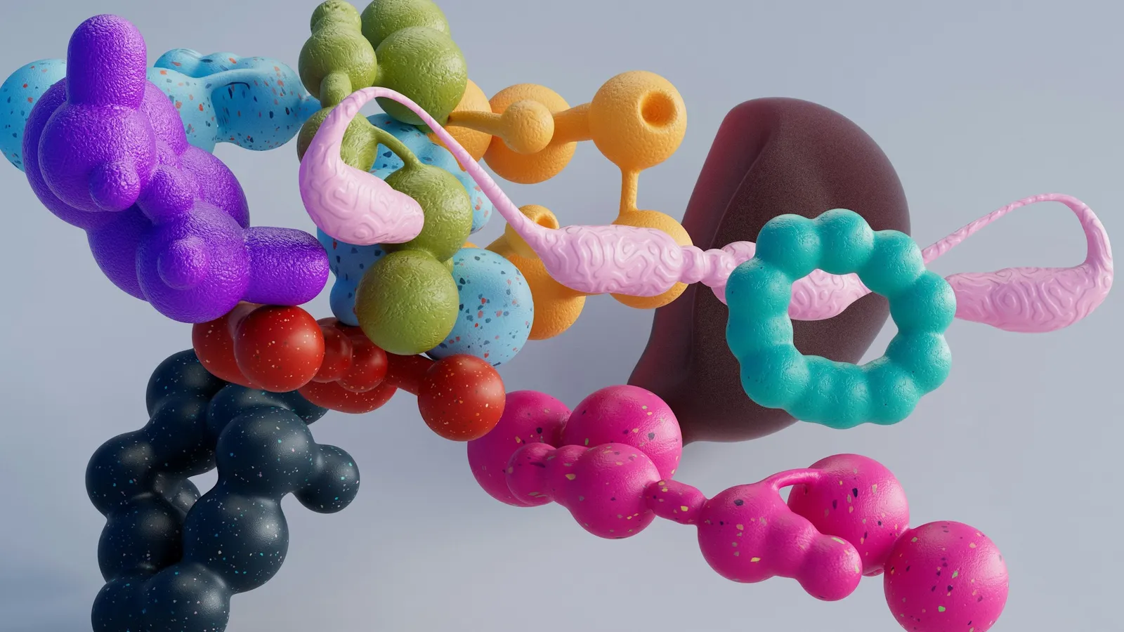 A colourful bead model of a folded protein chain