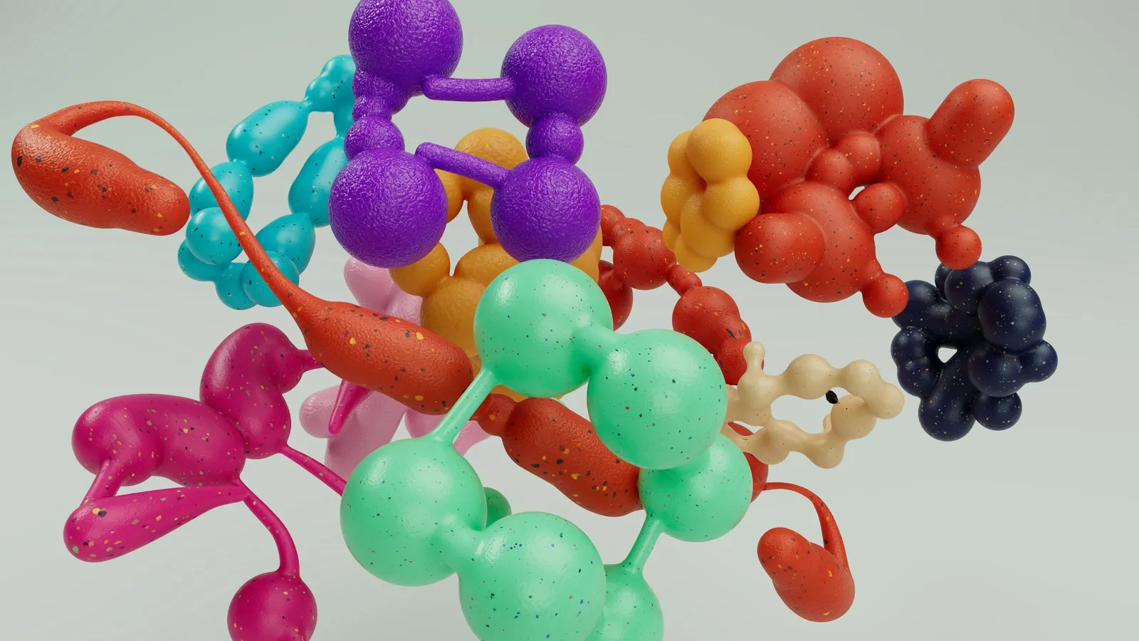 A colourful model of linked spheres representing molecules
