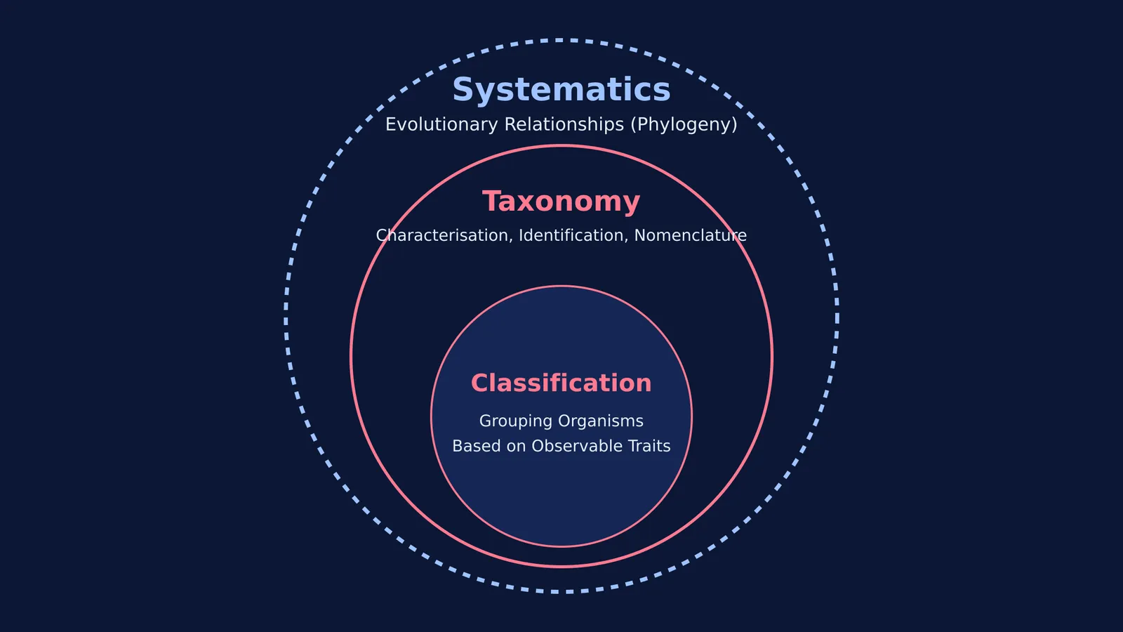 A concentric diagram showing classification inside taxonomy, and taxonomy inside systematics.