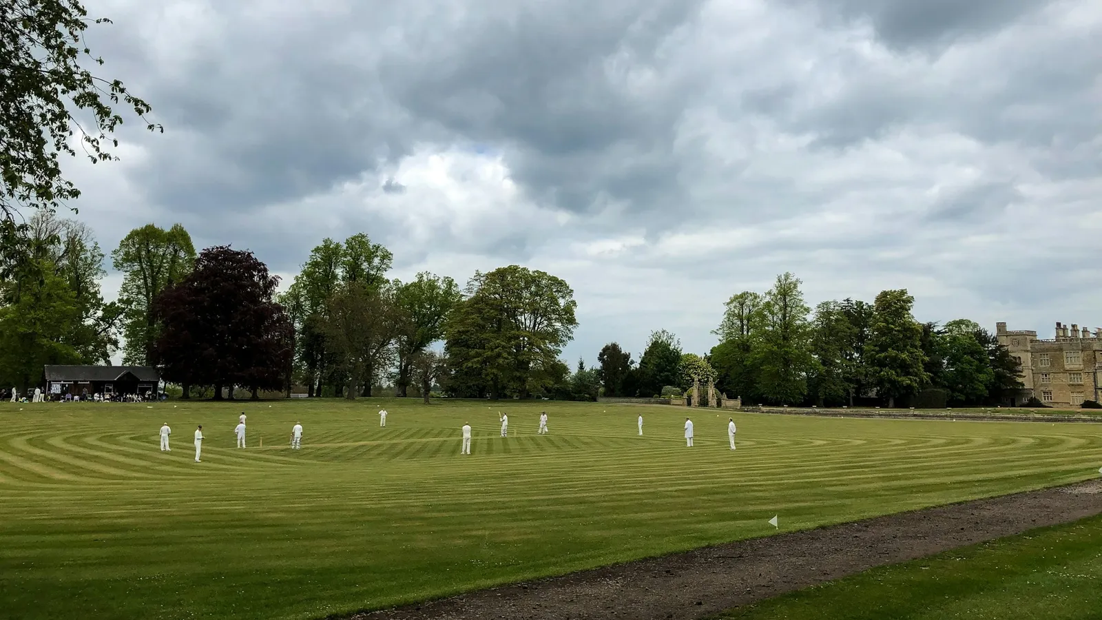 A cricket match on a green field under a grey sky