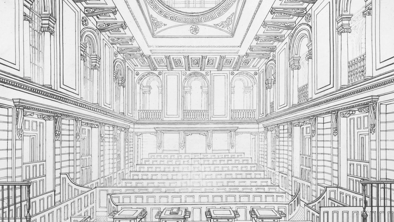 A detailed pencil perspective drawing of a grand interior