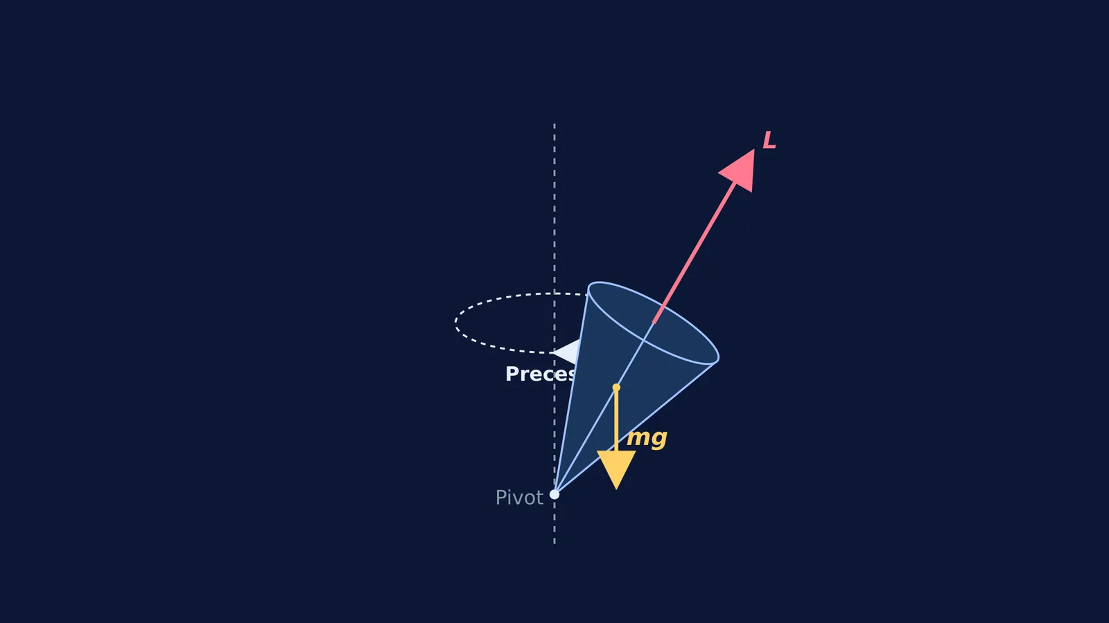 A diagram of a spinning top showing precession, angular momentum L, and gravity mg.