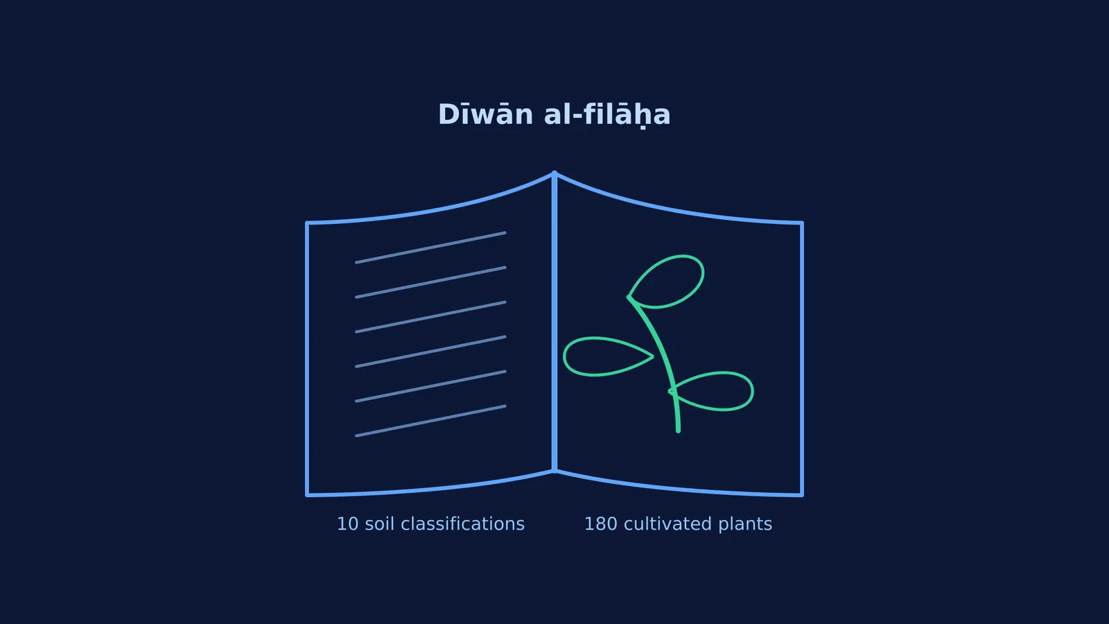 A diagram of an open book titled Dīwān al-filāḥa with a plant growing on its pages.