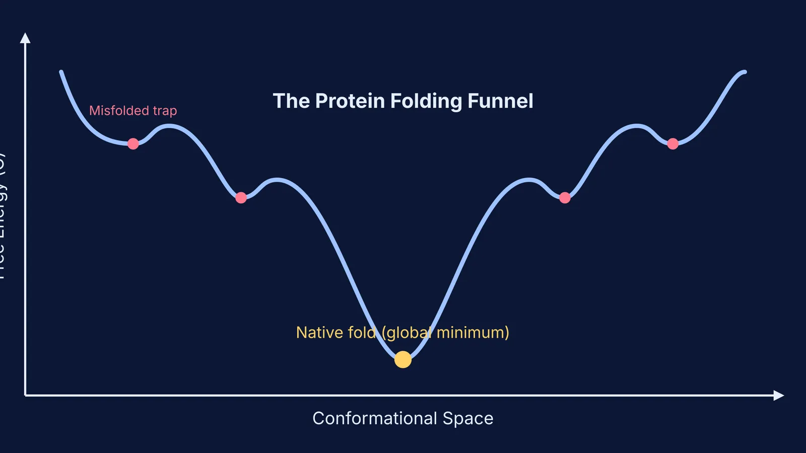 A diagram of the protein folding energy funnel, showing the target sequence settling into a global energy minimum.