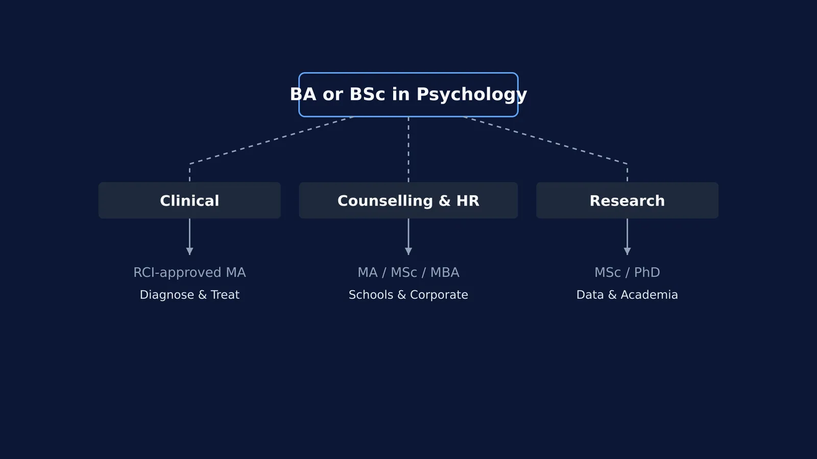 A flowchart showing clinical, counselling, and research career pathways after a psychology degree.