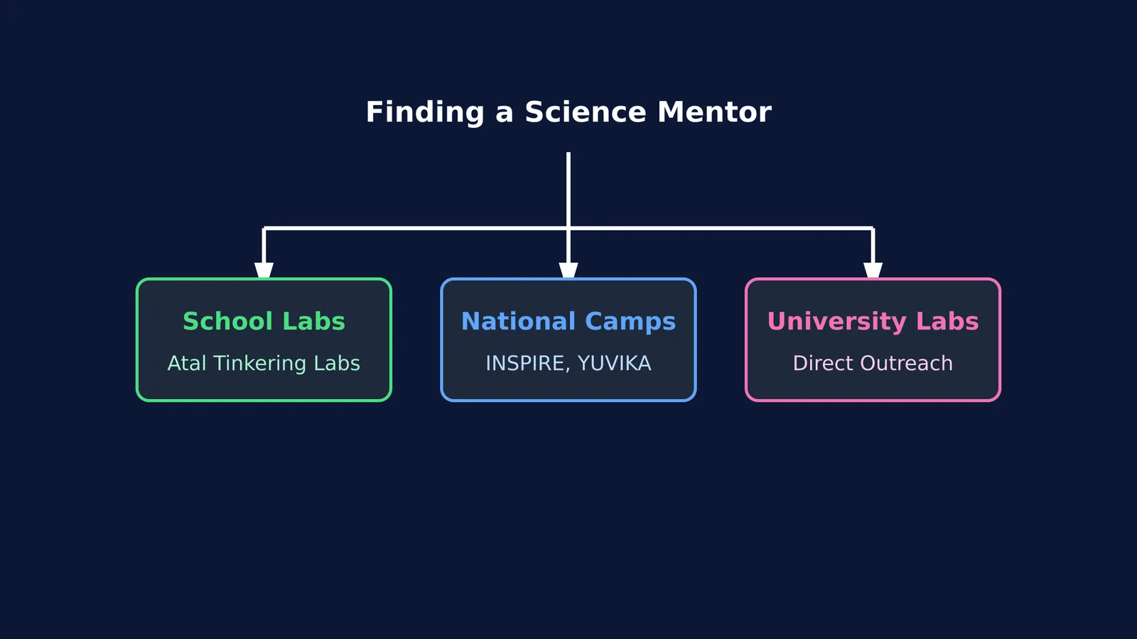 A flowchart showing three pathways to finding a science mentor: School Labs, National Camps, and University Labs.