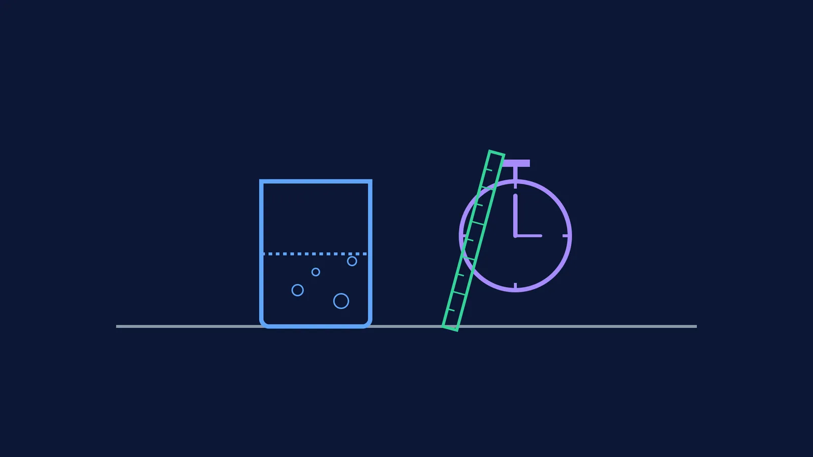 A glass beaker, a stopwatch, and a ruler drawn on a dark background