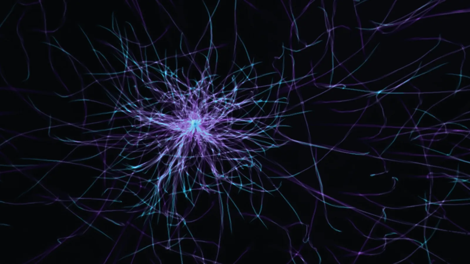 A glowing branching shape like a nerve cell on black