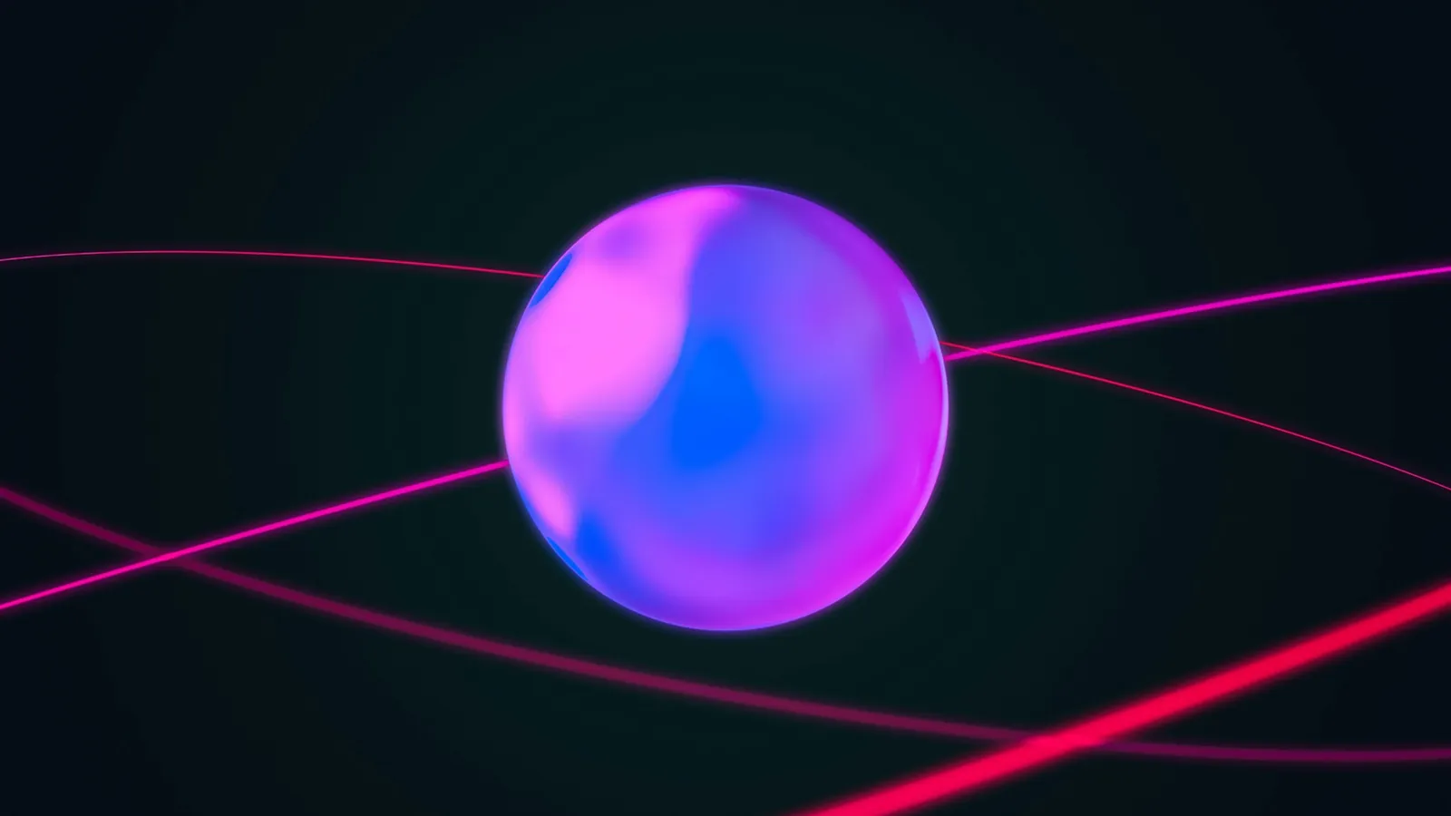 A glowing pink and blue sphere with light trails on black