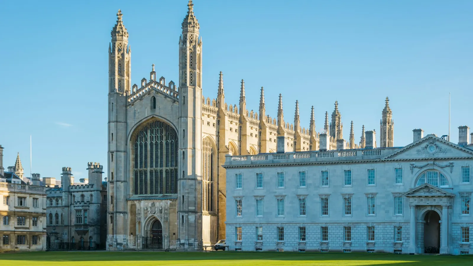 A Gothic college chapel and lawn in Cambridge