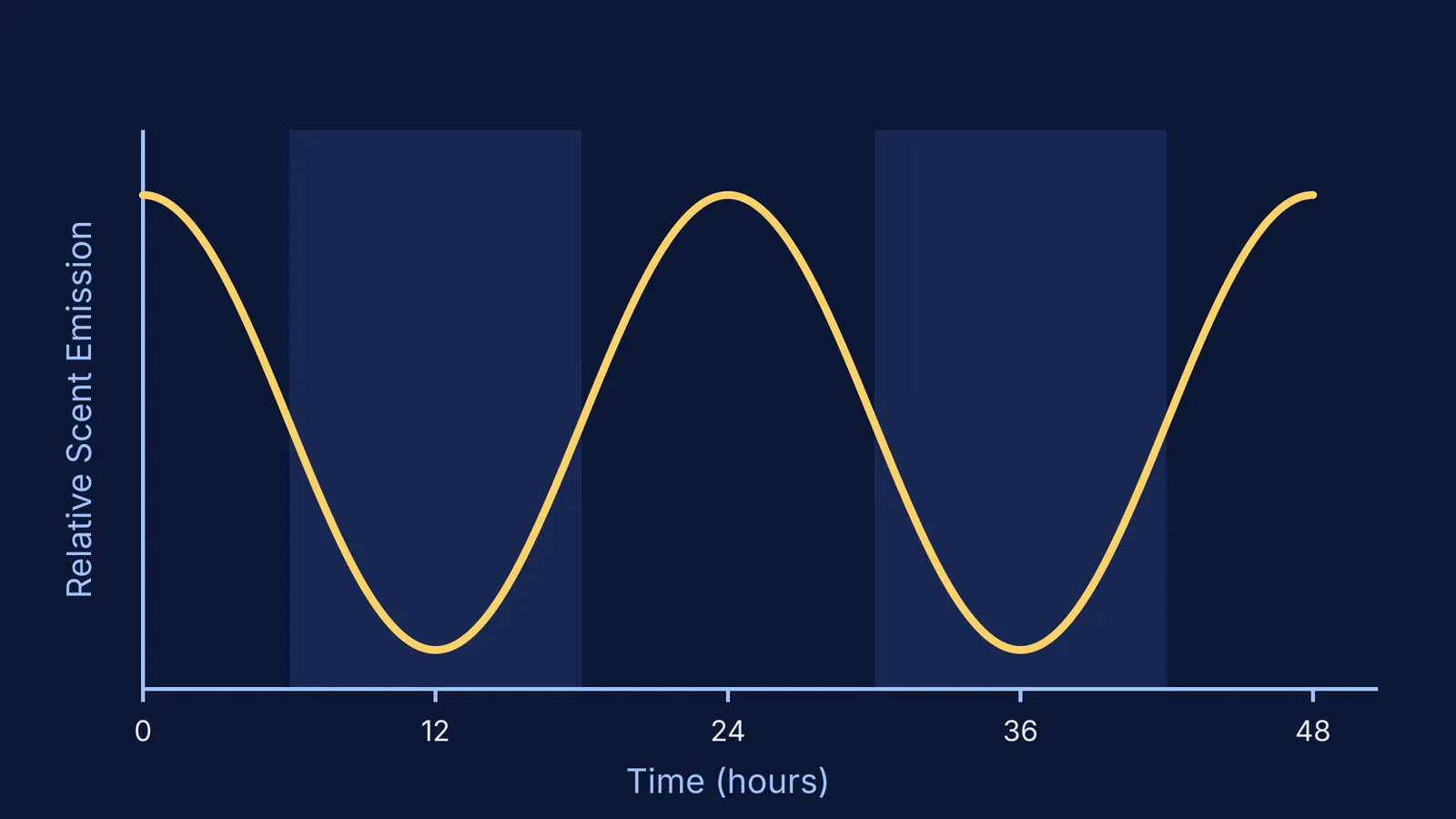 A graph showing scent emission peaking during dark periods every 24 hours
