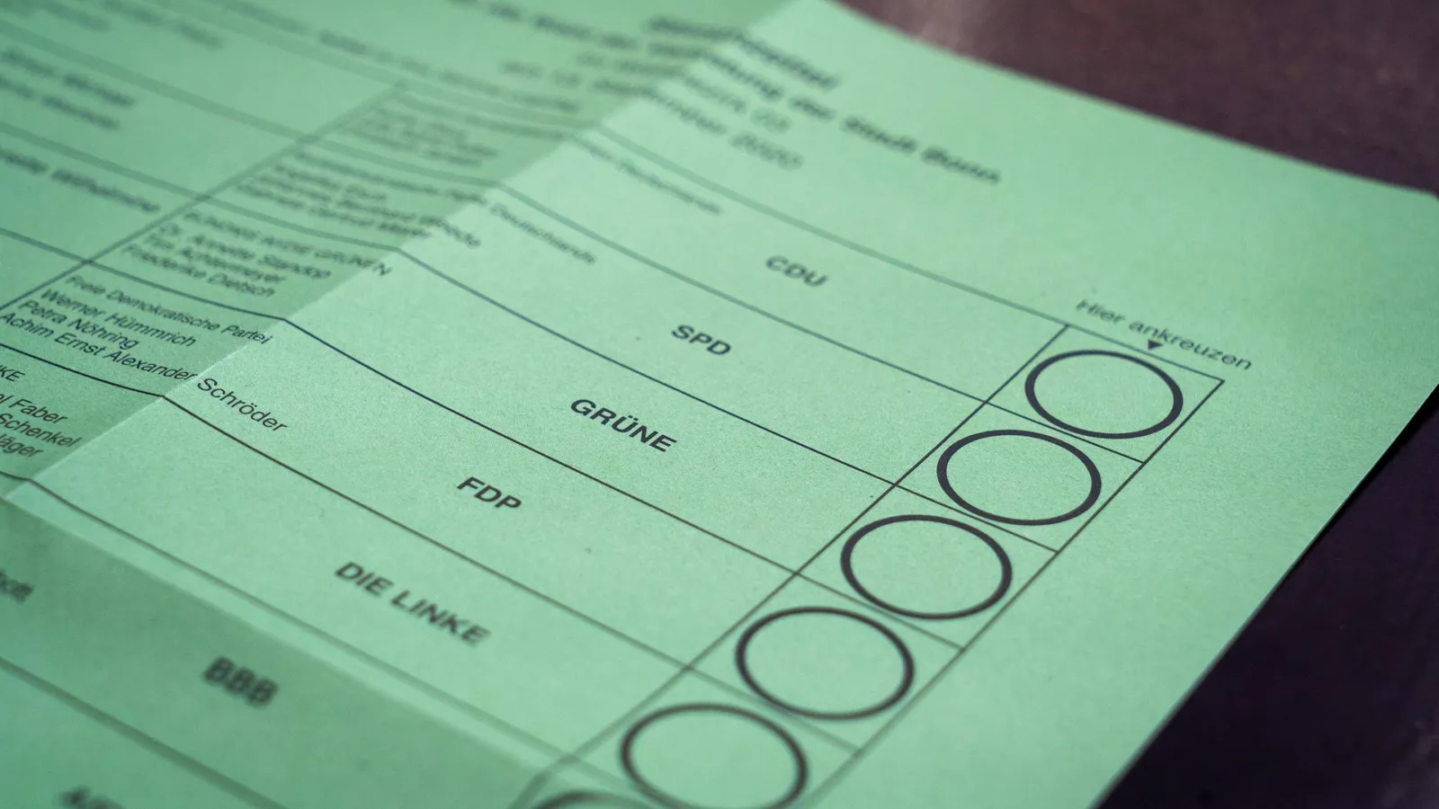 A green exam answer sheet with rows of bubbles