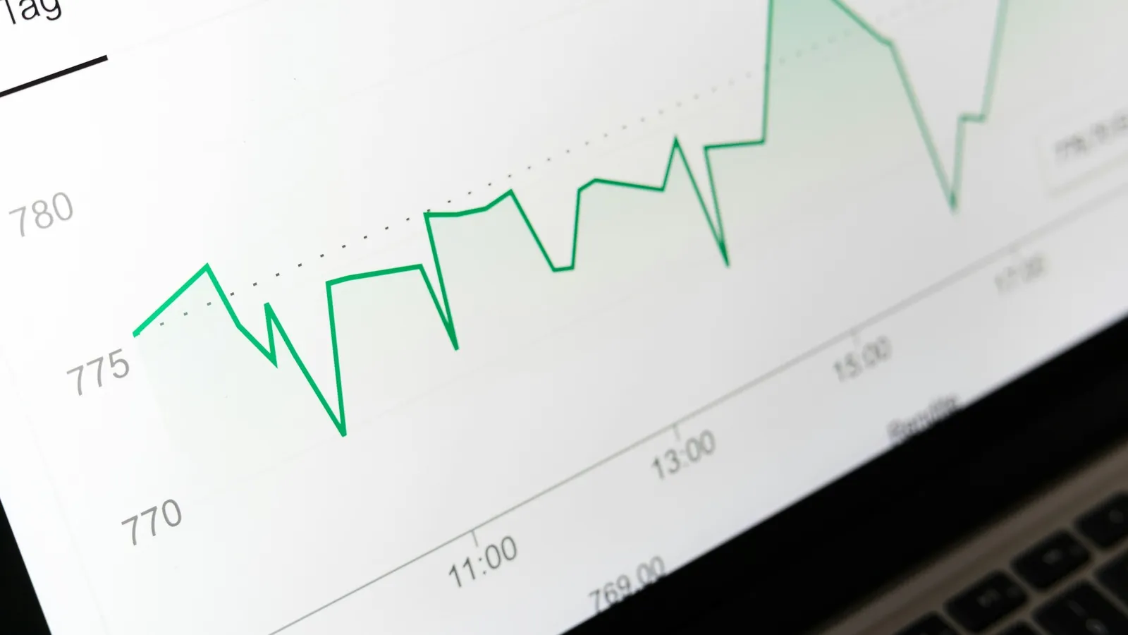 A green line chart printed on paper