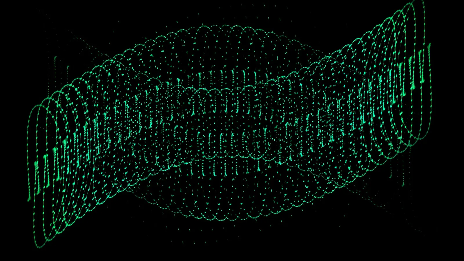 A green wireframe grid twisting in the dark