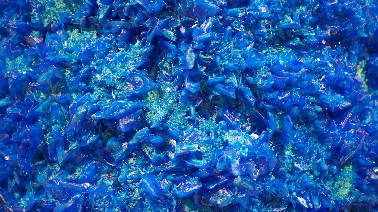 A heap of bright blue copper sulfate crystals
