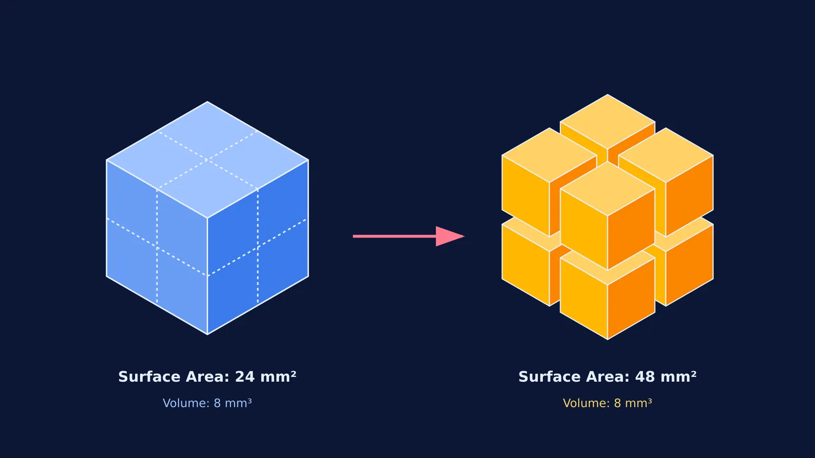A large cube cut into eight smaller cubes, showing increased surface area while volume remains constant
