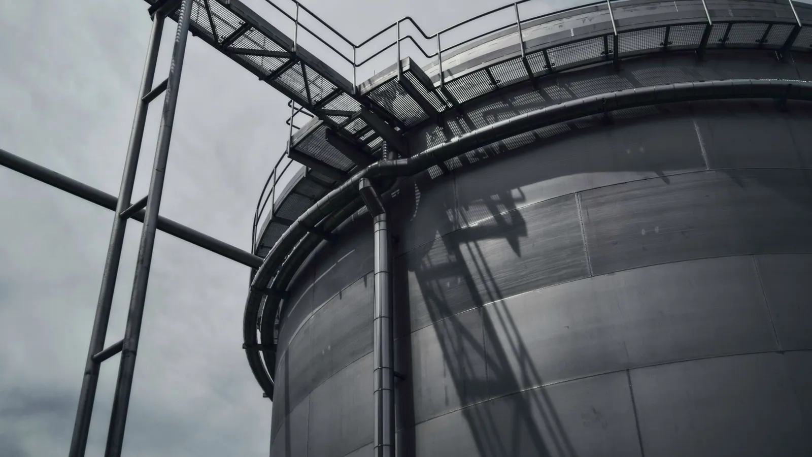 A large round steel storage tank