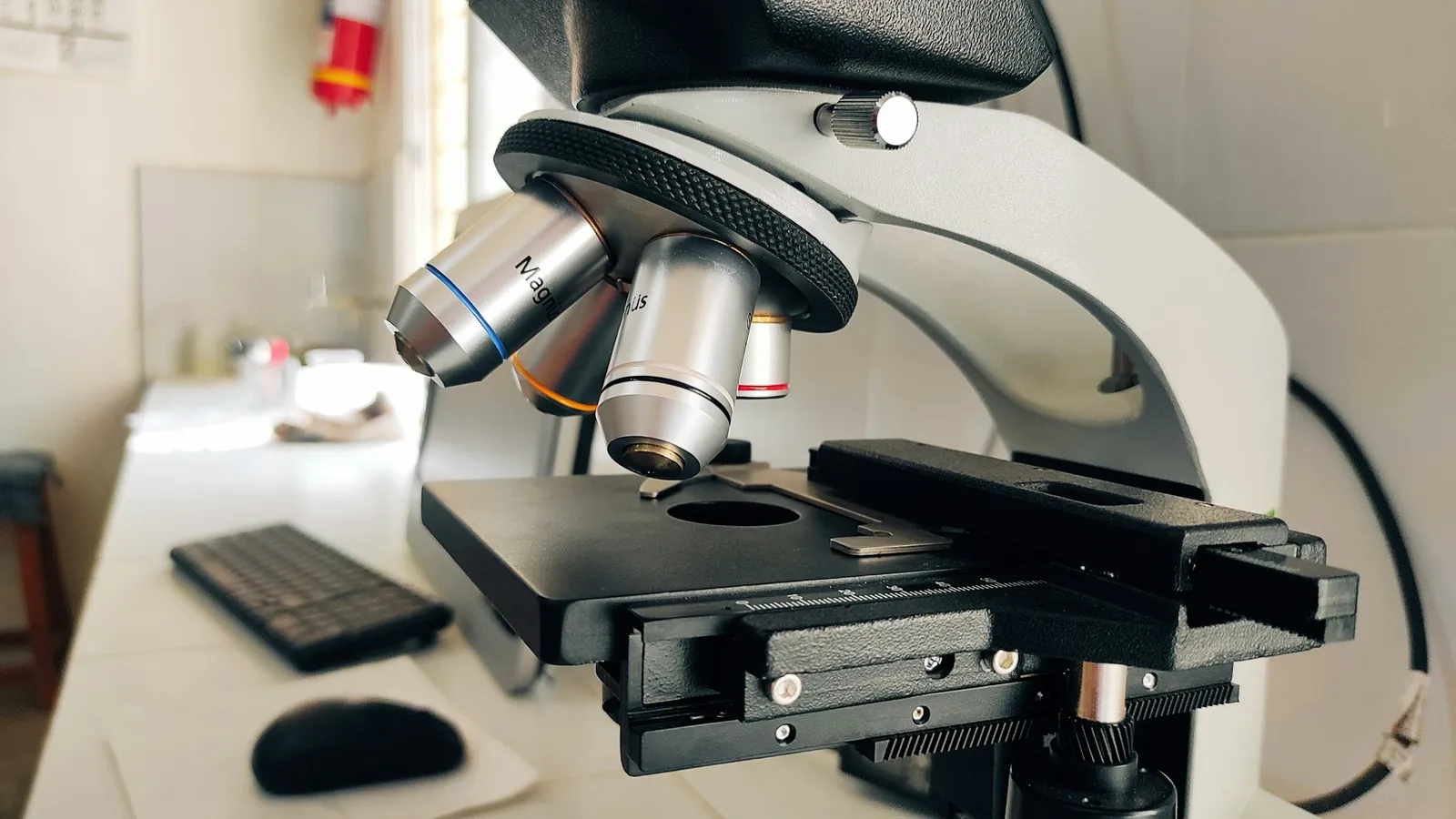 A light microscope on a laboratory bench
