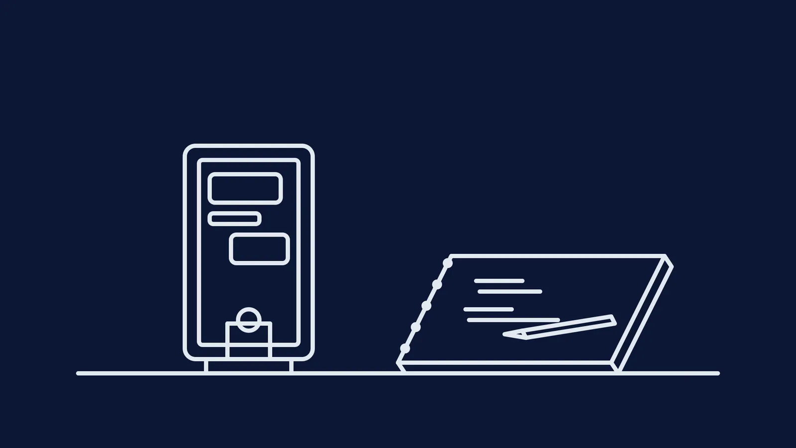 A line drawing of a mobile phone on a stand next to an open notebook and pen.