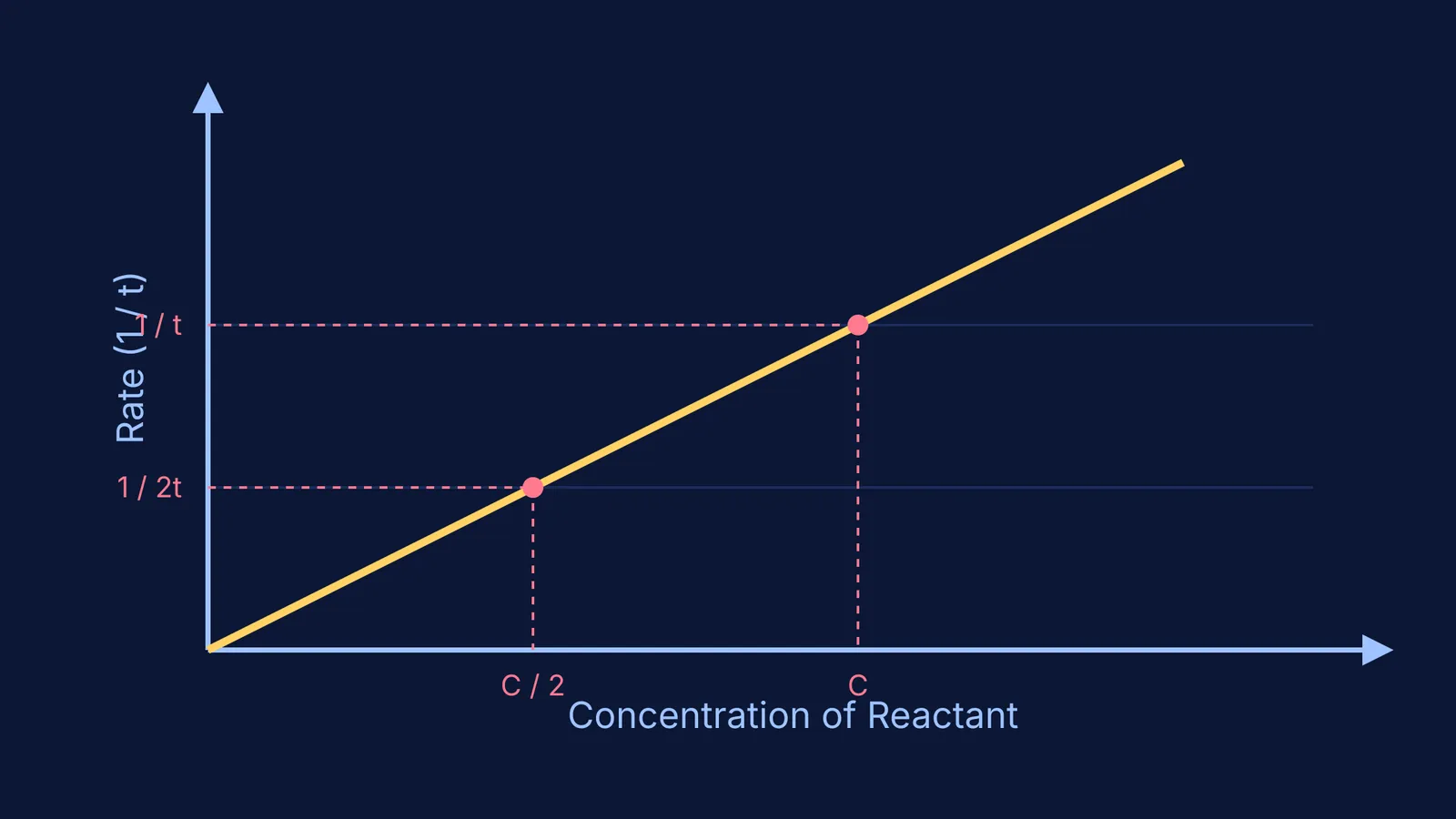 A line graph showing 1/t versus concentration with a straight line through the origin