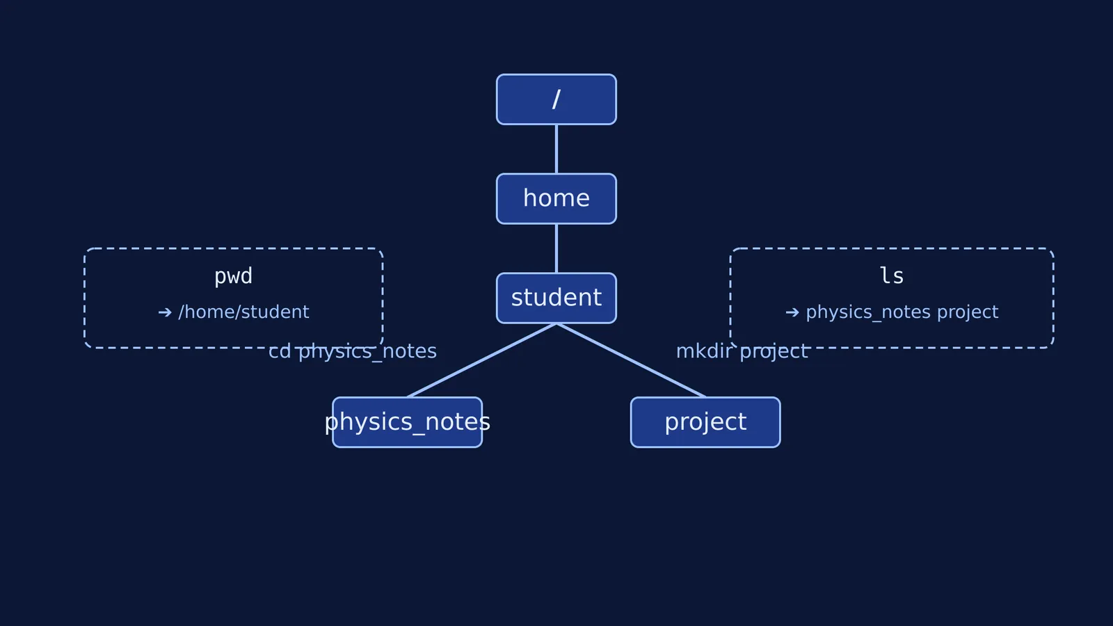 A Linux directory tree mapped to terminal commands like pwd and ls.