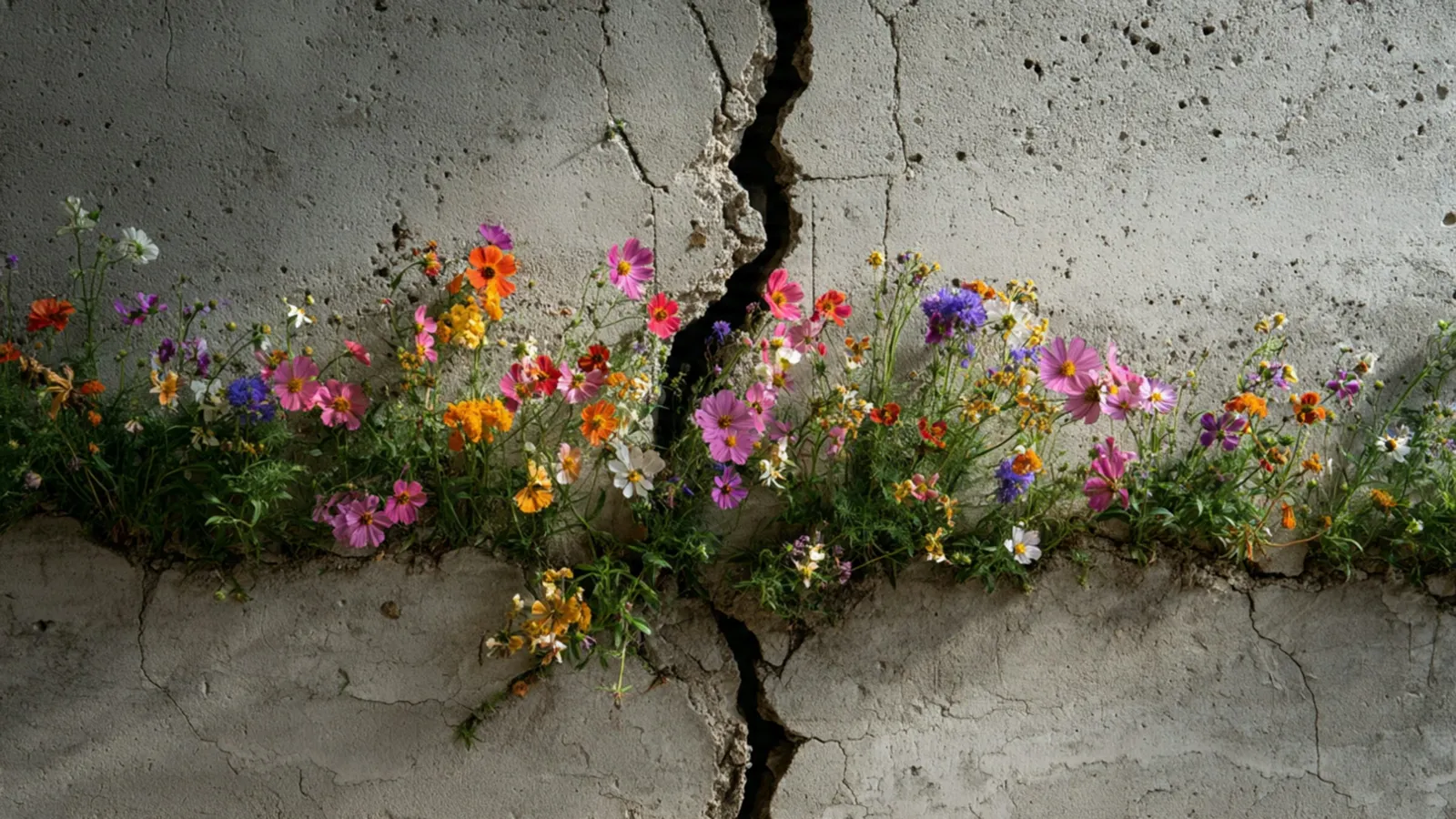 A long crack in concrete with small flowers growing from it