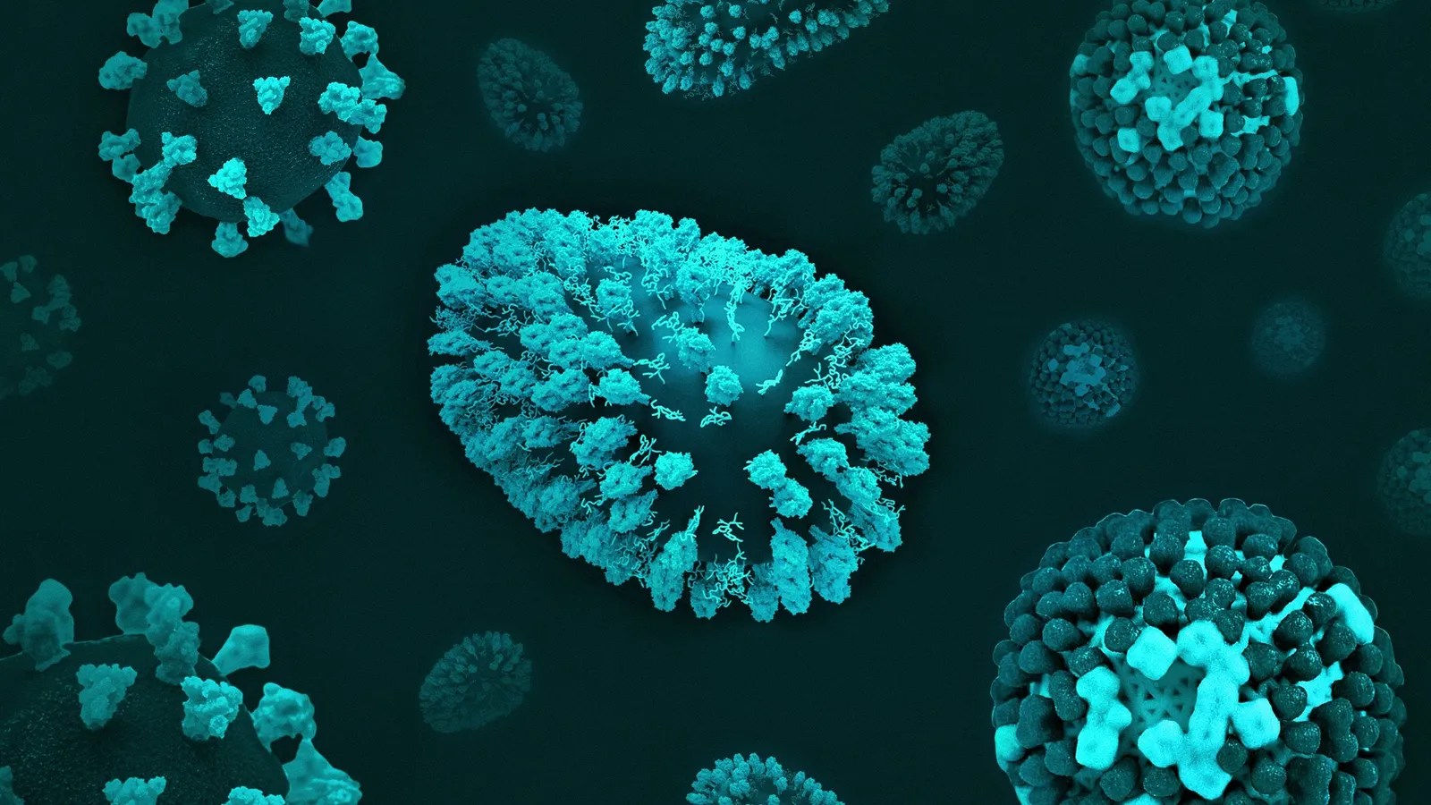 A microscope image of virus particles shown in teal