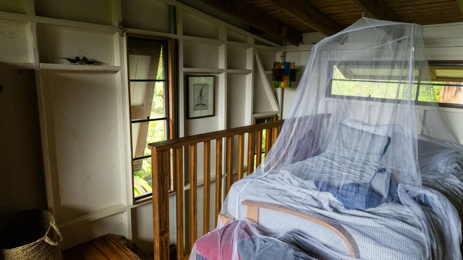 A mosquito net draped over a bed