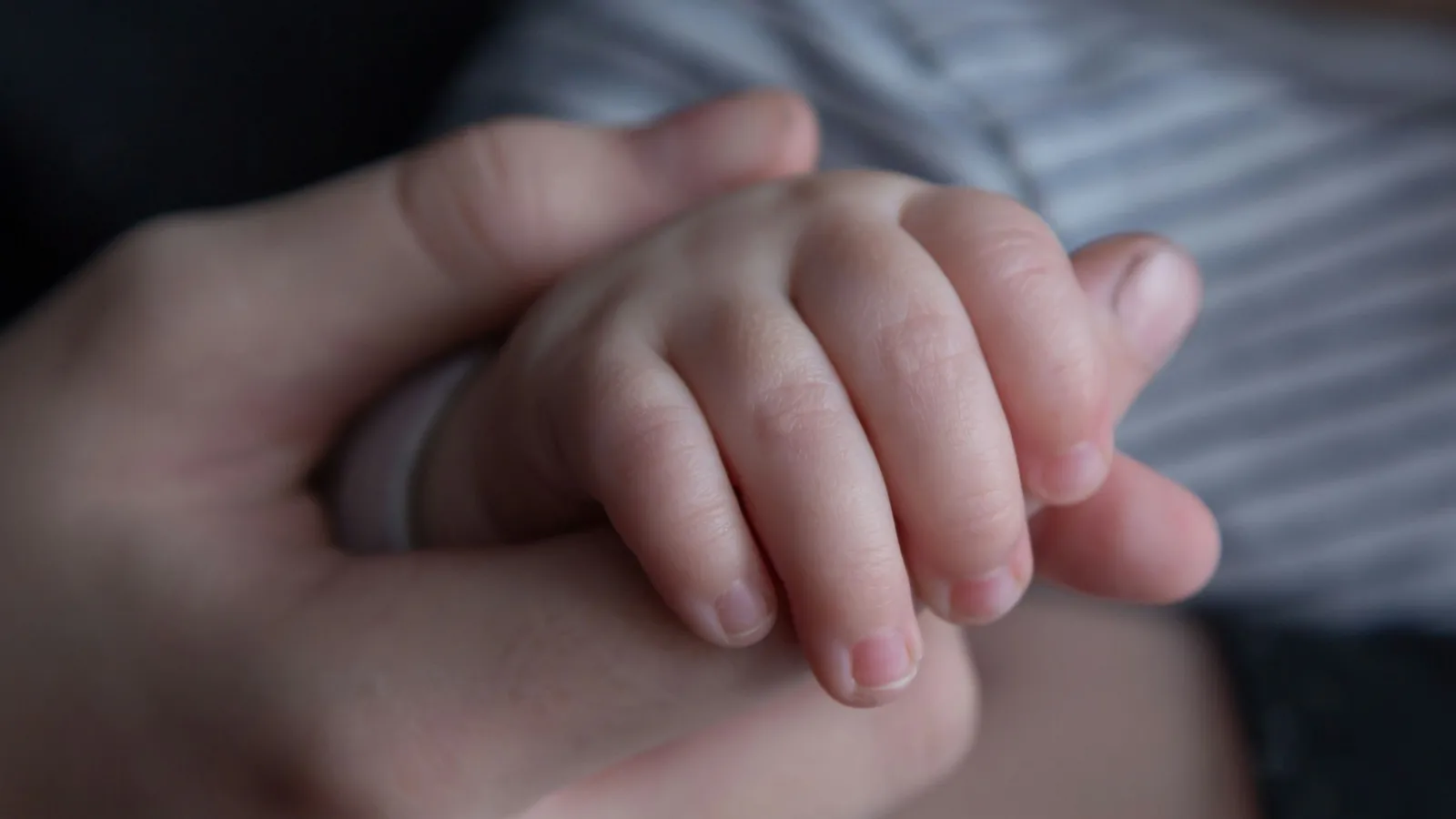 A newborn baby holding an adult finger