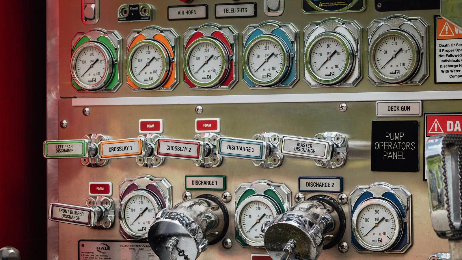 A panel of round pressure gauges