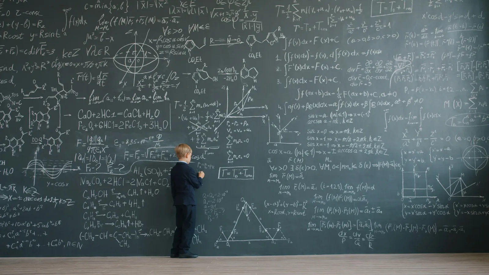 A person in front of a huge chalkboard full of equations